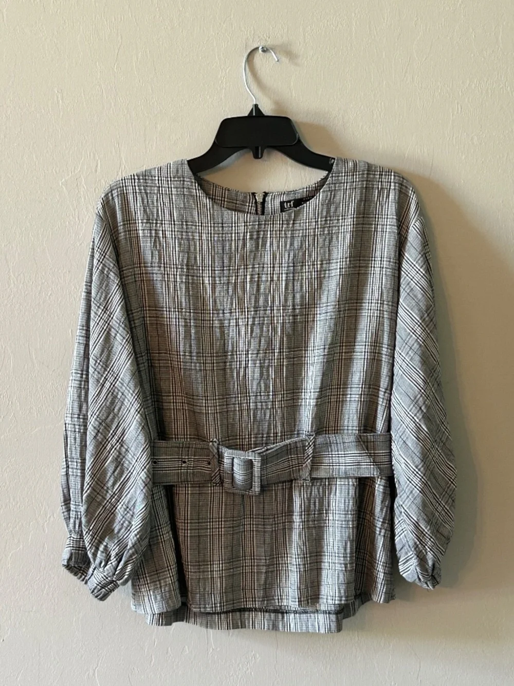 Zara TRF Plaid Balloon Sleeve Belted Blouse Top Black White Zipper Back Sz M